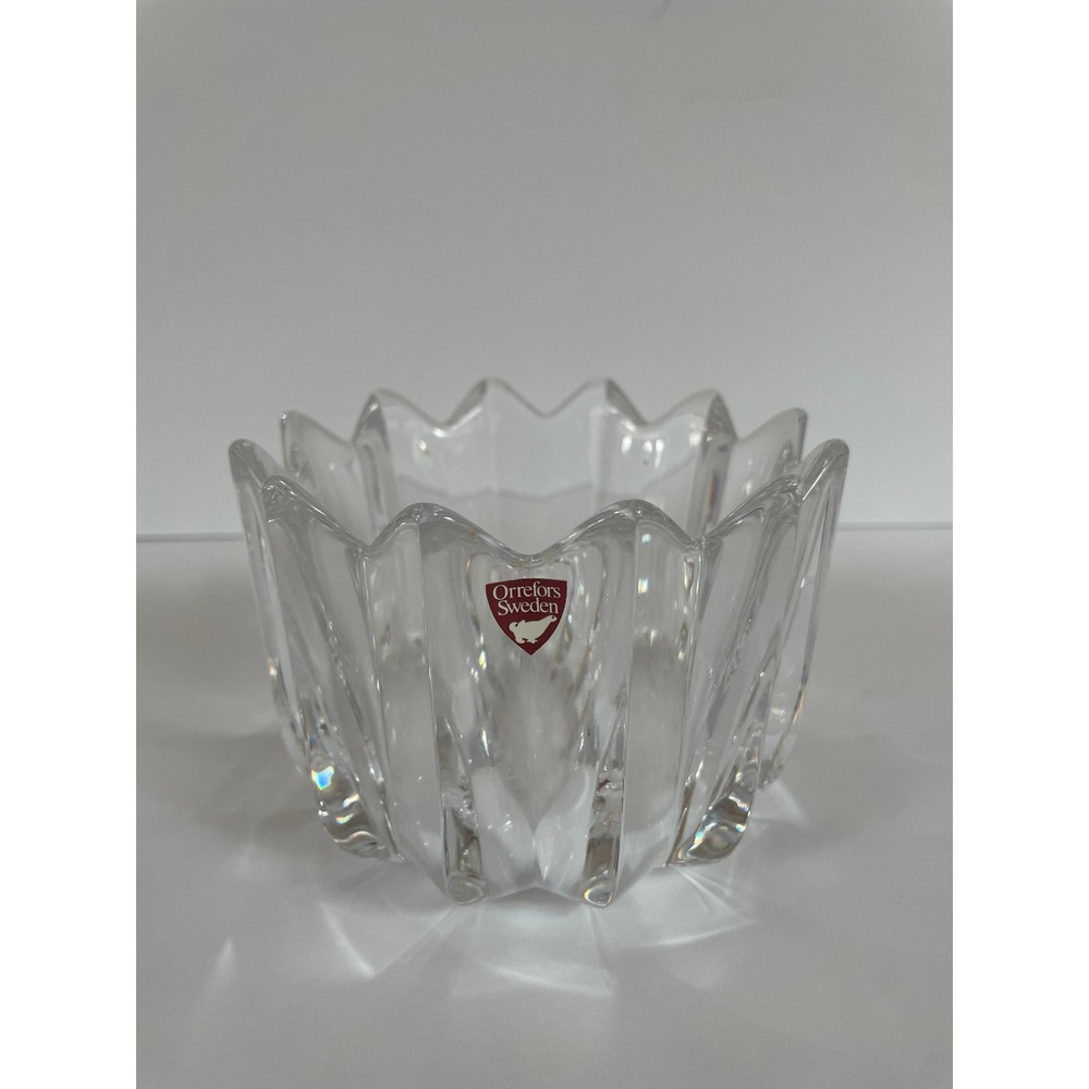 Orrefors‎ Sweden Crystal Lotus Bowl Lars Hellsten Votive Candle Holder Clear 4"